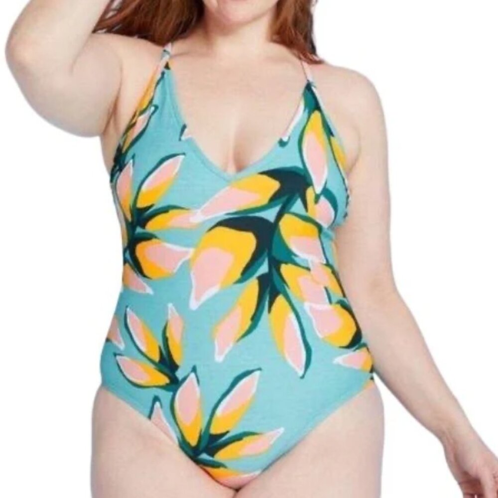 Kona Sol Criss Cross Back One Piece Tropical Leaf Print Swimsuit